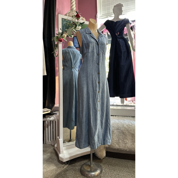 Vintage 90s Linen Maxi Dress Sleeveless Button Down Minimalist Light Wash M/L - Picture 4 of 8